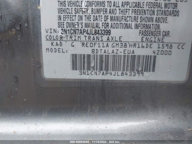 3N1CN7AP4JL843399 Nissan Versa 1.6 S+