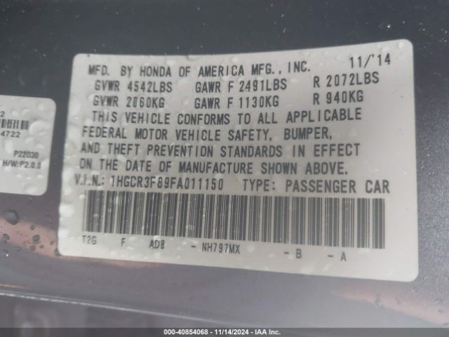 1HGCR3F89FA011150 Honda Accord Ex-l V-6