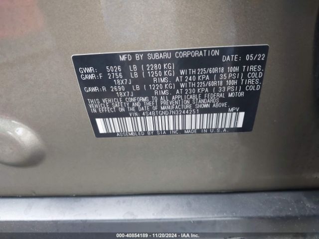 2022 SUBARU OUTBACK 4S4BTGND7N3244251 Photo 8