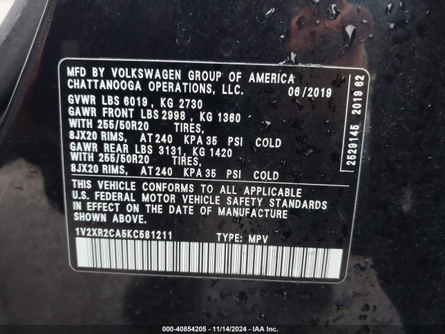 1V2XR2CA5KC581211 Volkswagen Atlas 3.6l V6 Se W/technology R-line