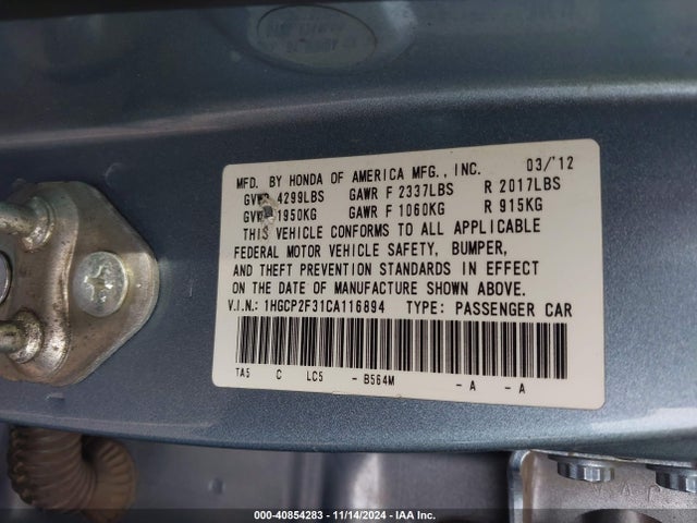 Aukcja sprzedaży 2012 Honda Accord 2.4 Lx, vin: 1HGCP2F31CA116894, numer aukcji: 40854283