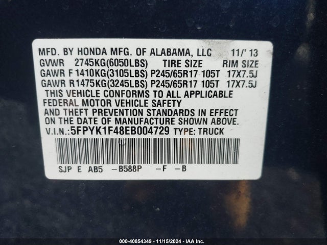 Honda Ridgeline Rts 2014 5FPYK1F48EB004729 Image 9