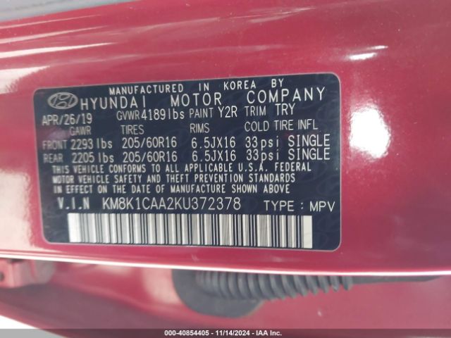 KM8K1CAA2KU372378 Hyundai Kona Se