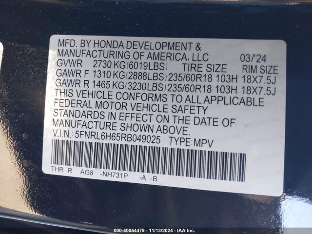 Honda Odyssey Ex-l 2024 5FNRL6H65RB049025 Image 9