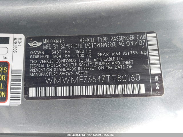 2007 MINI COOPER S WMWMF73547TT80160 Photo 8
