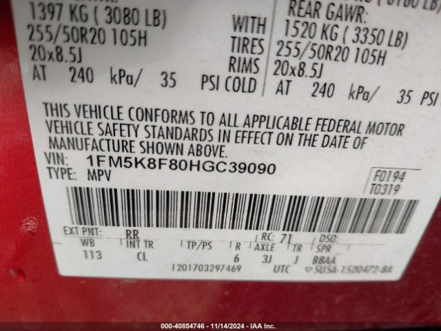 1FM5K8F80HGC39090 Ford Explorer Limited