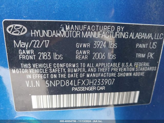 5NPD84LFXJH233907 Hyundai ELANTRA SEL