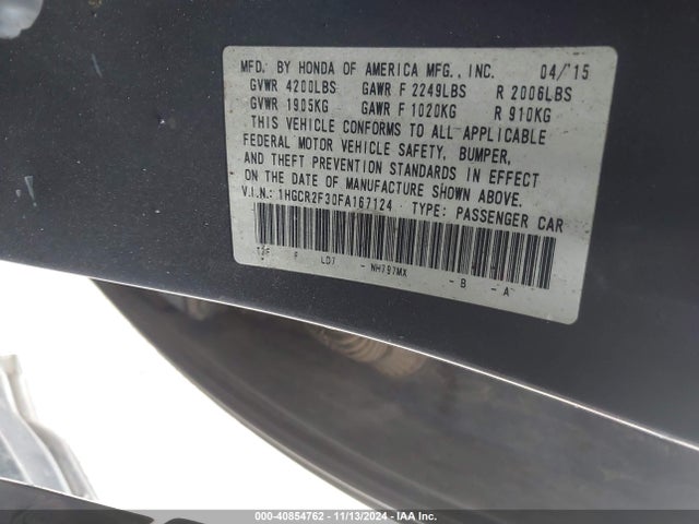 Honda ACCORD LX 2015 1HGCR2F30FA167124 Image 9