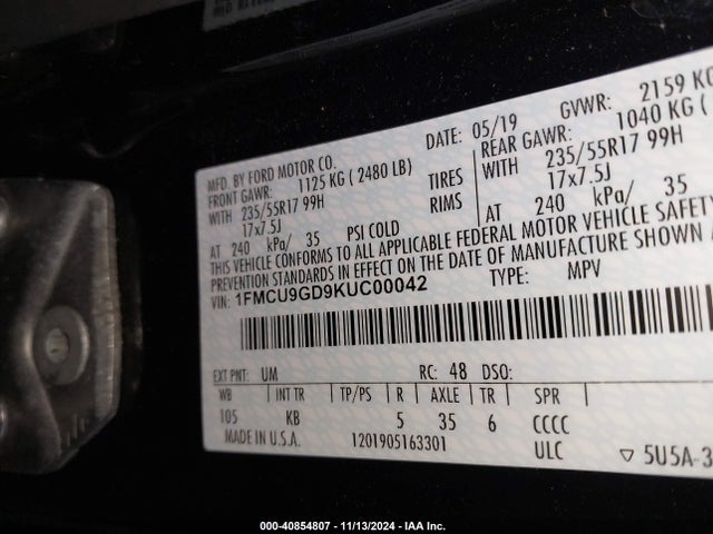 Ford ESCAPE SE 2019 1FMCU9GD9KUC00042 Image 9