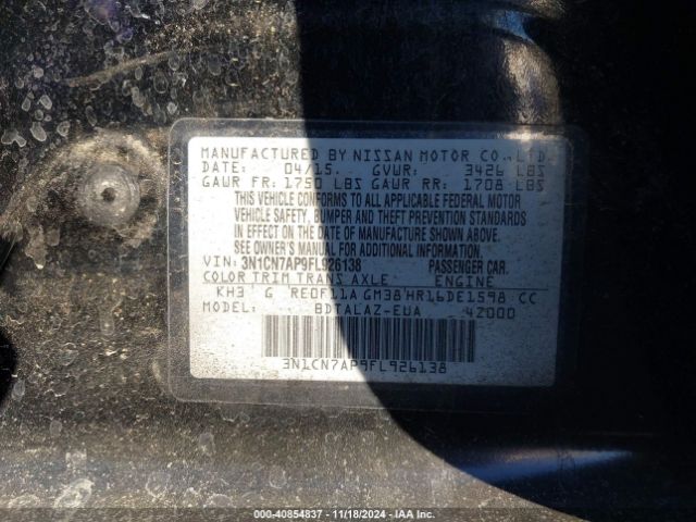 3N1CN7AP9FL926138 Nissan Versa 1.6 S+