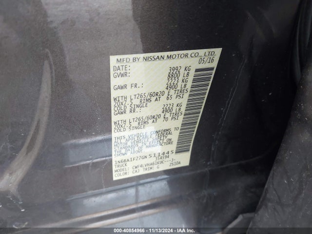 1N6BA1F27GN511445 Nissan Titan Xd Sl Diesel