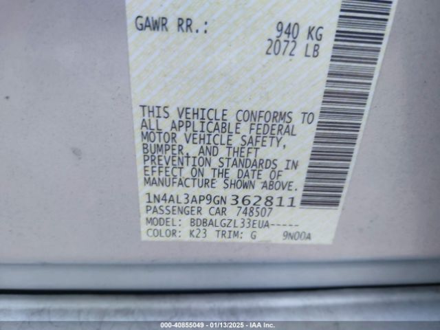 1N4AL3AP9GN362811 Nissan Altima 2.5/2.5 S/2.5 Sl/2.5 Sr/2.5 Sv