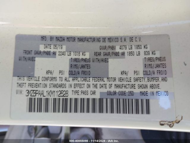 3MZBPAAL1KM112628 Mazda Mazda3 Select Package