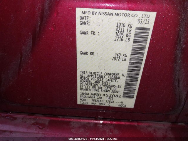 Nissan Altima 2.5 Sv 2015 1N4AL3AP3FC453082 Image 9