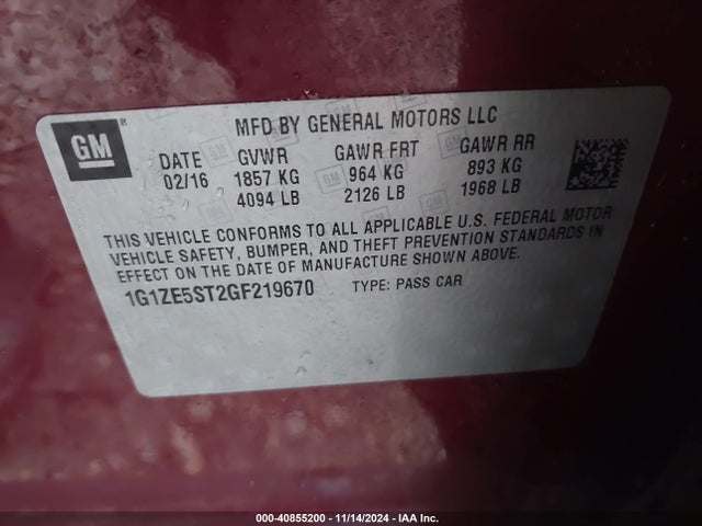 Chevrolet MALIBU 1LT 2016 1G1ZE5ST2GF219670 Image 9