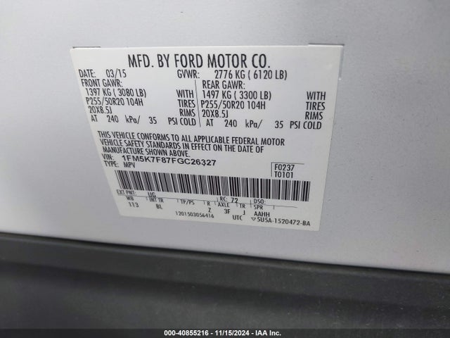 Ford Explorer Limited 2015 1FM5K7F87FGC26327 Image 9