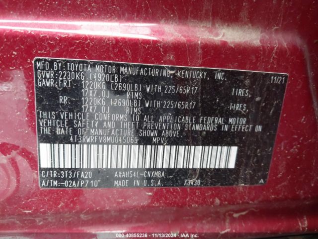 4T3RWRFV8MU045069 Toyota Rav4 Hybrid Xle