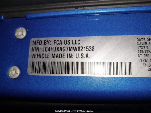 1C4HJXAG7MW821538 Jeep Wrangler Sport S 4x4