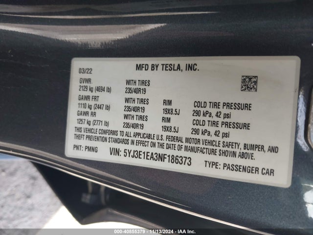 2022 TESLA MODEL 3 5YJ3E1EA3NF186373 Photo 8