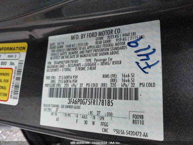 Ford FUSION S 2015 3FA6P0G75FR178185 Image 9