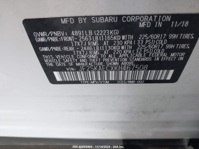 JF2SKAECXKH467508 Subaru Forester Premium