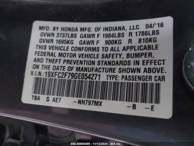 Honda CIVIC EX 2016 19XFC2F79GE054271 Image 9