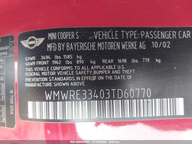 2003 MINI COOPER S WMWRE33403TD60770 Photo 8