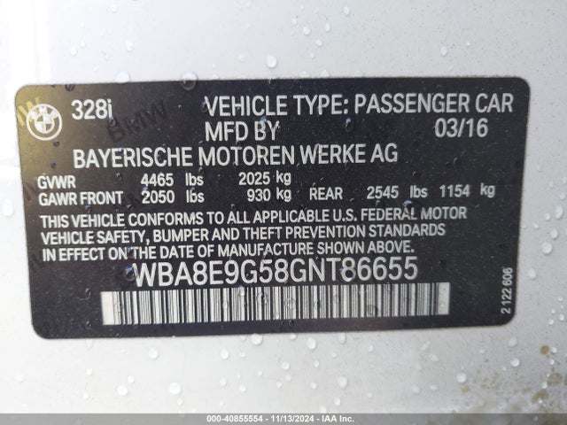 WBA8E9G58GNT86655 BMW 328I