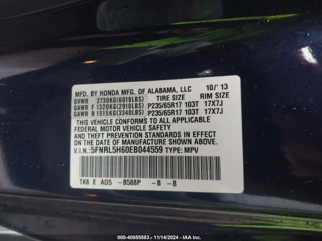 Honda Odyssey Ex-l 2014 5FNRL5H60EB044559 Image 9