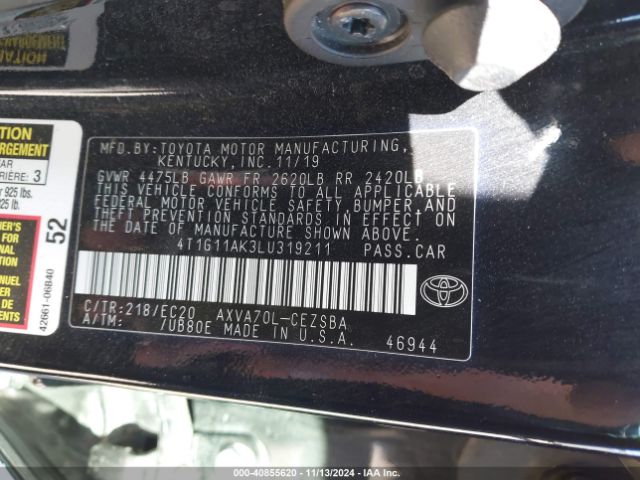4T1G11AK3LU319211 Toyota Camry Se Nightshade Edition
