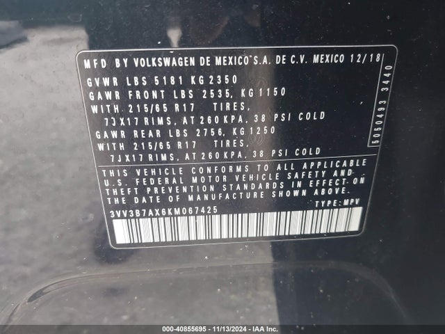 3VV3B7AX6KM067425 Volkswagen Tiguan 2.0t Se/2.0t Sel/2.0t Sel R-line/2.0t Sel R-line Black