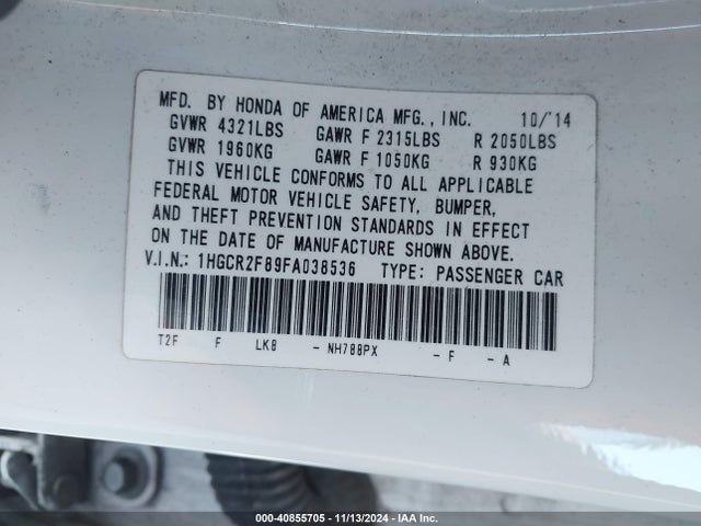 Honda Accord Ex-l 2015 1HGCR2F89FA038536 Image 9