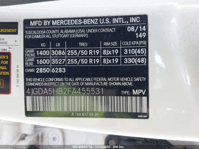 4JGDA5HB2FA455531 Mercedes-Benz Ml 350 4matic