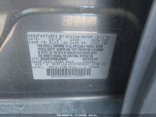 Nissan SENTRA SV 2019 3N1AB7AP6KL629337 Image 9