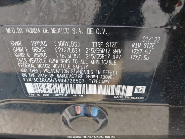 3CZRU5H34NM728507 Honda Hr-v 2wd Lx
