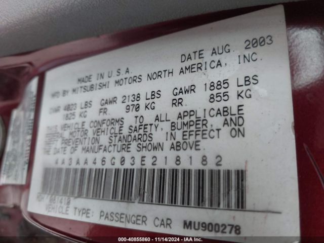 2003 MITSUBISHI GALANT 4A3AA46G03E218182 Photo 8