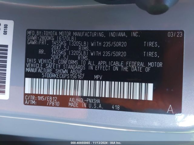 5TDDRKEC6PS156167 Toyota Sienna Xse