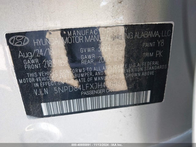 40855891 :رقم المزاد ، 5NPD84LFXJH400069 vin ، 2018 Hyundai Elantra Sel مزاد بيع