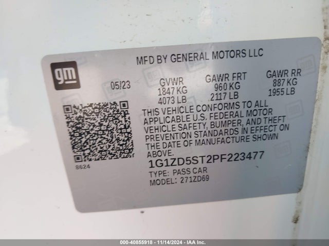 Aukcja sprzedaży 2023 Chevrolet Malibu Fwd 1lt, vin: 1G1ZD5ST2PF223477, numer aukcji: 40855918