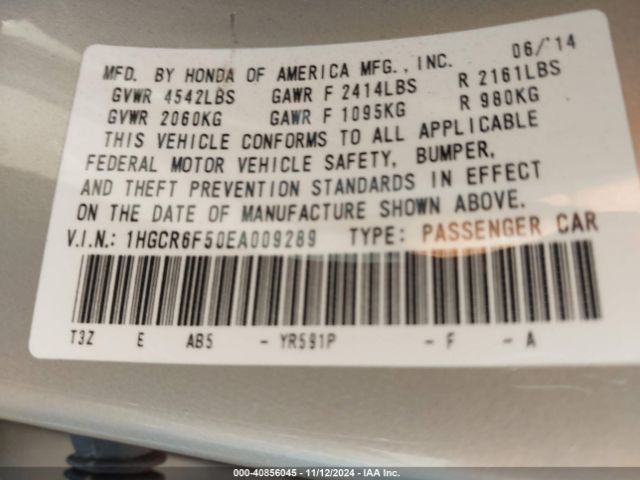 1HGCR6F50EA009289 Honda Accord Hybrid Ex-l