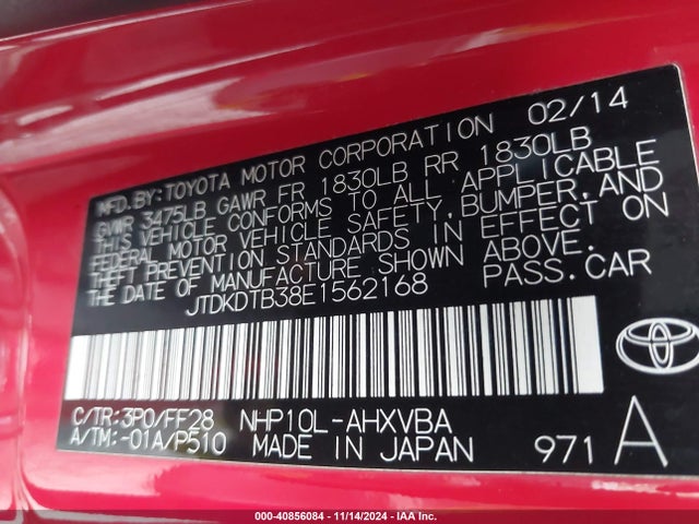 JTDKDTB38E1562168 Toyota Prius C Two