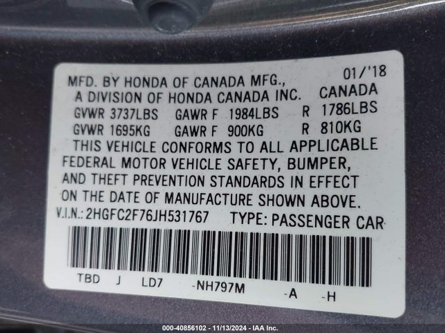 Honda CIVIC EX 2018 2HGFC2F76JH531767 Image 9