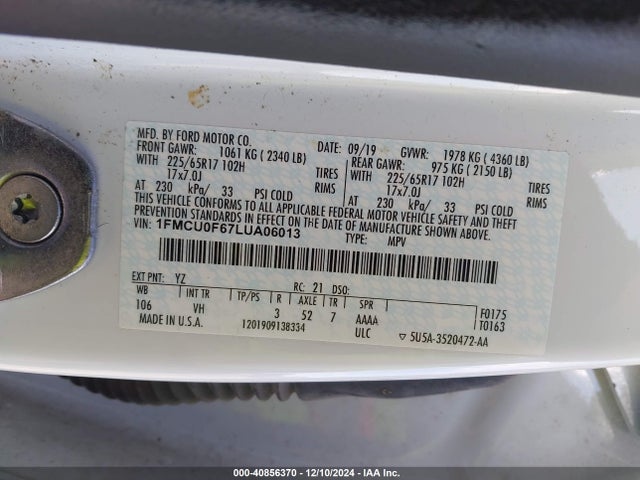 Ford ESCAPE S 2020 1FMCU0F67LUA06013 Image 9