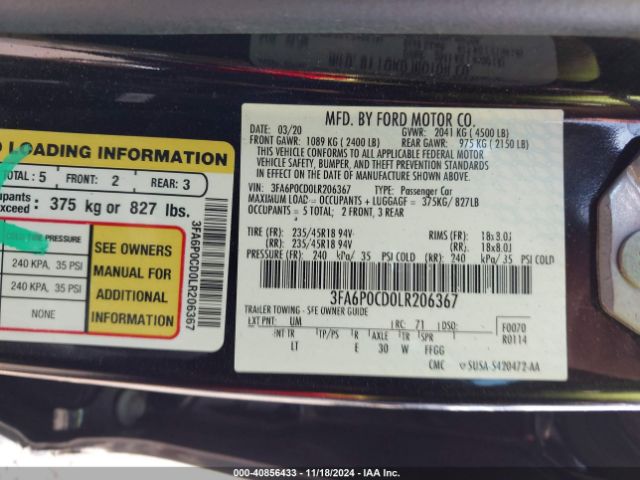 3FA6P0CD0LR206367 Ford FUSION SEL