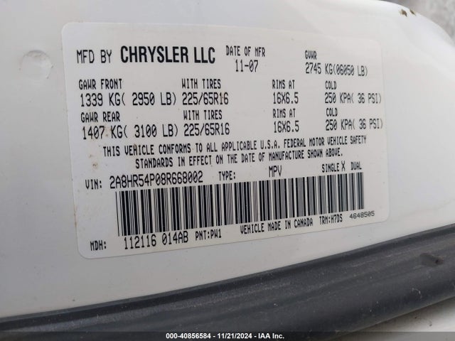 40856584 :رقم المزاد ، 2A8HR54P08R668002 vin ، 2008 Chrysler Town & Country Touring مزاد بيع