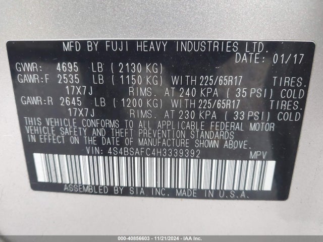 Subaru Outback 2.5i Premium 2017 4S4BSAFC4H3339392 Image 9