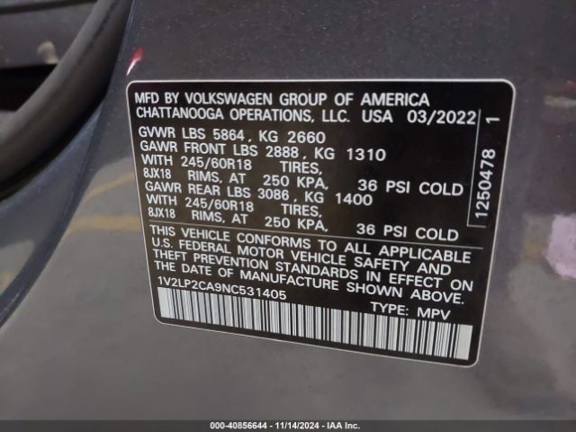 1V2LP2CA9NC531405 Volkswagen Atlas 2.0t Se