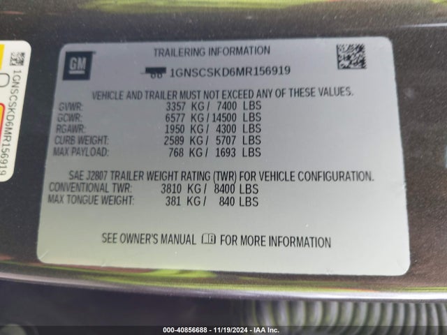 1GNSCSKD6MR156919 Chevrolet Tahoe 2wd Premier