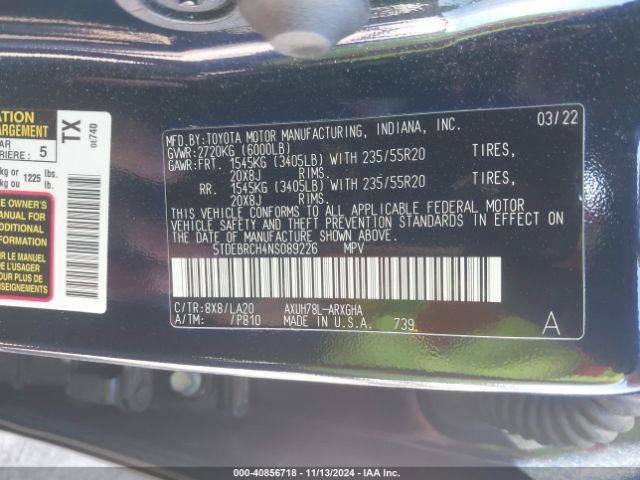 5TDEBRCH4NS089226 Toyota Highlander Hybrid Platinum