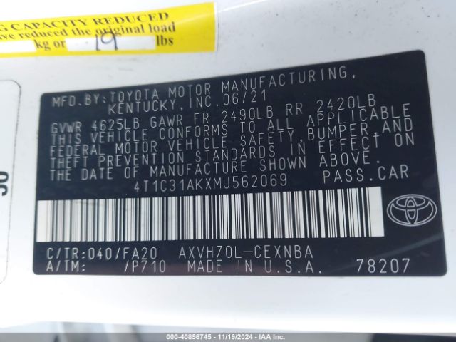 4T1C31AKXMU562069 Toyota Camry Le Hybrid